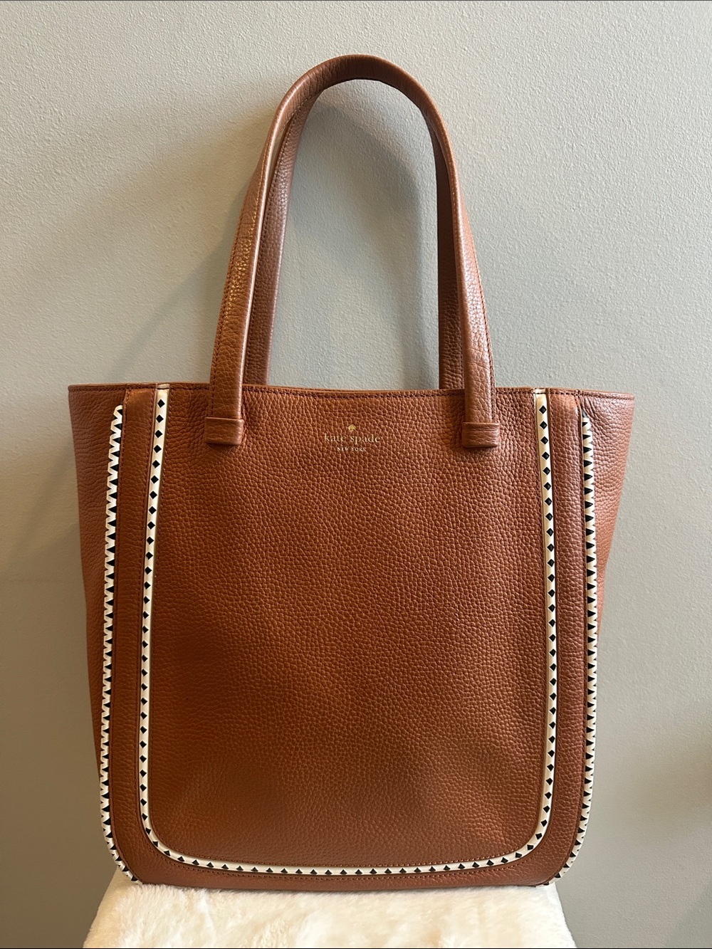 Kate Spade Pebbled Chestnut Brown Leather Tote with Cream Trim